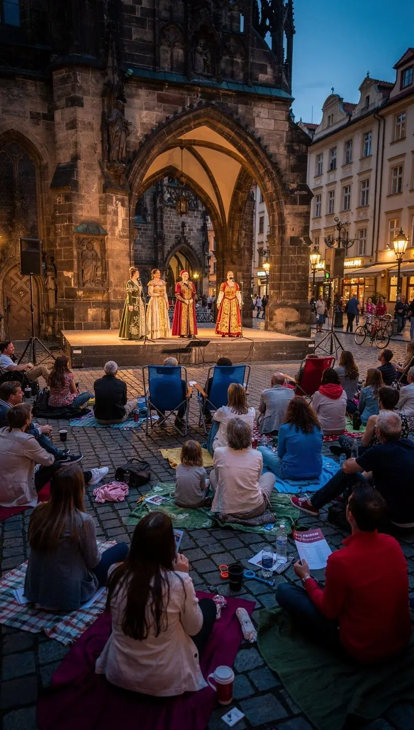 Taneční skupina vystupující na festivalu v historickém centru.