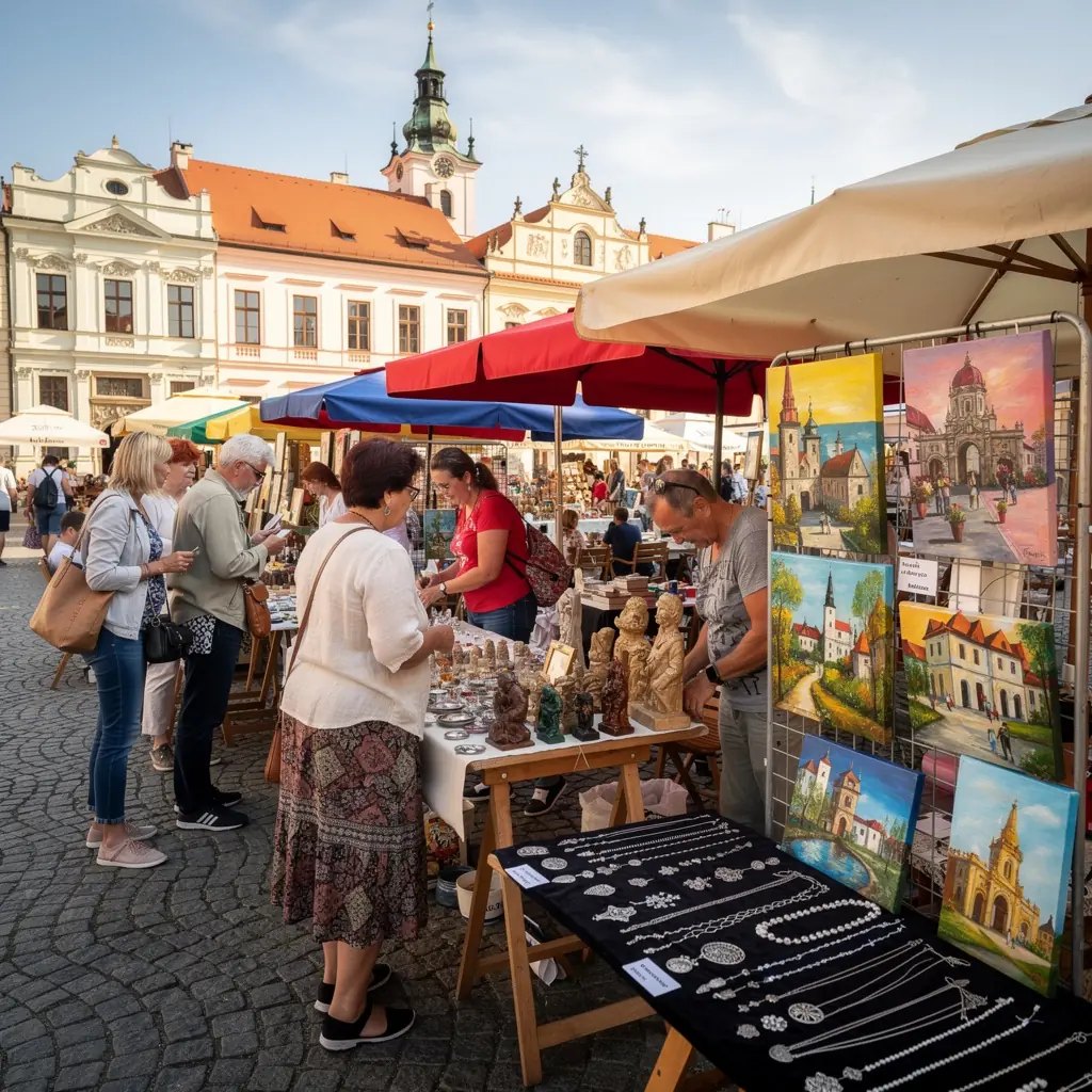 Umělecká výstava se zajímavými obrazy a sochami.