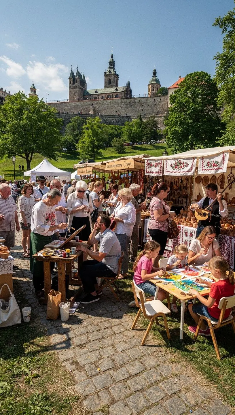 Taneční soubor v pohybu, předvádějící choreografii na jevišti.